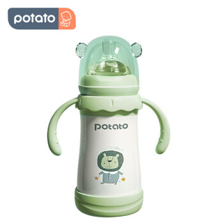 小土豆（potato）婴儿保温奶瓶 不锈钢宽口径带手柄吸管奶瓶 母乳质感 M号奶嘴 艾草绿260ml