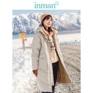 茵曼（INMAN）2019冬装新款时尚拼色连帽抽绳大口袋保暖长款羽绒服女 18941|21080 卡其色 L