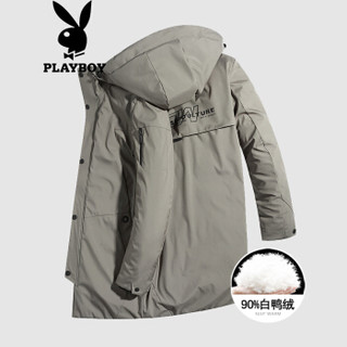 花花公子（PLAYBOY）羽绒服男中长款2019冬季新品连帽外套修身加厚保暖冬装 卡其 M/170