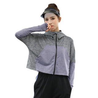 范迪慕 瑜伽服上衣女秋冬健身房休闲跑步运动速干透气宽松外套连帽健身外套 JK9013-紫灰色-单件上衣-S