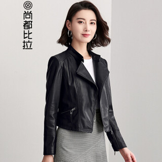 尚都比拉（Sentubila）帅气纯色皮衣短外套女2019女装新品气质通勤 193G0426417 黑色 XXL