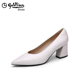 金利来（goldlion）女士简约粗高跟通勤风尖头浅口工作单鞋62083004620P-白色-35码
