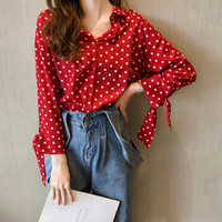 朗悦女装 2019秋季新款复古长袖衬衫女学生韩版宽松波点雪纺衫休闲上衣衬衣 LWCC198328 红色 M