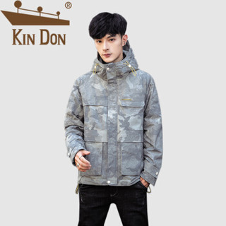 金盾（KIN DON）羽绒服 男2019冬季新款休闲百搭韩版潮流连帽加厚保暖迷彩外套 QT708-C808 迷彩灰 XL