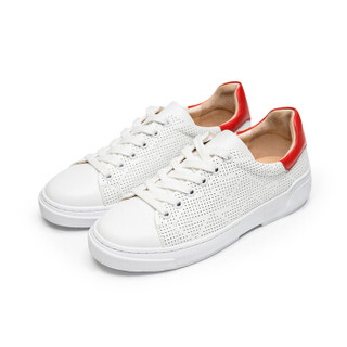 莱尔斯丹 时尚休闲运动户外圆头镂空拼色系带平底小白鞋LS AM48001 白色+红色 38