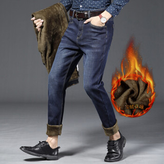 金盾（KIN DON）加绒牛仔裤 新款男士时尚弹力加绒保暖牛仔裤009蓝色加绒33