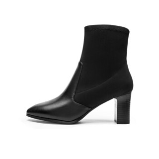 莱尔斯丹 le saunda 时尚优雅圆头拼接侧拉链高跟女短靴 LS 9T73501 黑色 39
