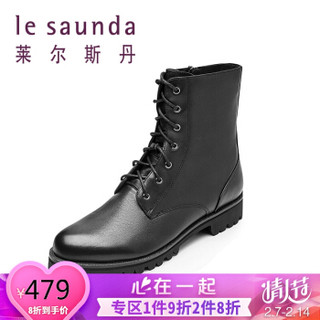 莱尔斯丹 le saunda 时尚休闲圆头系带侧拉链绒里低跟女马丁靴LS 9T40110V 黑色牛皮革 35