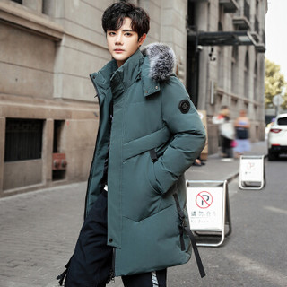 啄木鸟（TUCANO）羽绒服男2019冬季新款时尚韩版中长款大毛领宽松保暖外套男装上衣 军绿 XL
