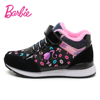 芭比 BARBIE 童鞋 冬季新款女童运动鞋 保暖加绒二棉鞋子 卡通公主学生鞋 1998 黑色 31码