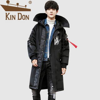 金盾（KIN DON）羽绒服 男2019冬季新款休闲百搭韩版潮流连帽后背印花加厚长款外套 XZ104-Y958 黑色 3XL