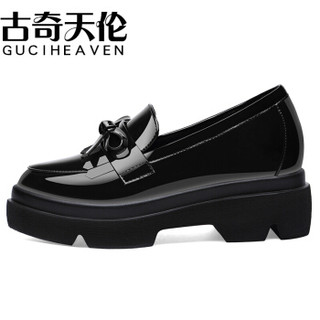 古奇天伦 GUCIHEAVEN 女士英伦风蝴蝶结厚底内增高休闲单鞋8900-1 黑色增高（加绒） 38