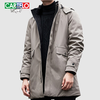 卡帝乐鳄鱼(CARTELO)羽绒服男加厚中长款2019冬季新品男士可拆卸连帽休闲保暖外套男装上衣 卡其 3XL