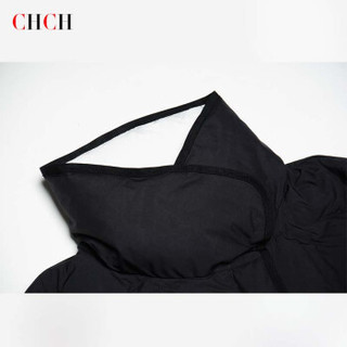 CHCH 女装2019秋冬新款简约翻领羽绒服女轻薄中长款白鸭绒保暖女士外套 黑色 S