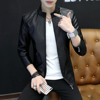 卡帝乐鳄鱼 (CARTELO) 皮衣男士2019年新款PU皮衣立领皮夹克青年韩版修身男装外套 黑色 XL