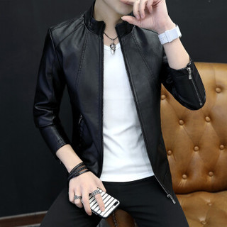 卡帝乐鳄鱼 (CARTELO) 皮衣男士2019年新款PU皮衣立领皮夹克青年韩版修身男装外套 黑色 XL