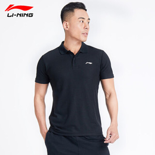 李宁 LI-NING 运动短袖男士商务POLO衫立领透气吸汗运动男t恤细软面料男上衣 黑色 XL
