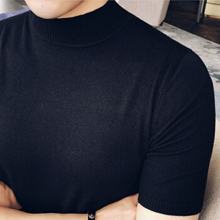 卡帝乐鳄鱼（CARTELO）短袖针织衫男半高领纯色休闲毛衣2019年秋季新款轻薄保暖打底衫修身线衣 黑色 XL