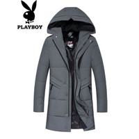 花花公子（PLAYBOY）羽绒服男士加厚外套2019冬季新款纯色时尚保暖中长款男装 灰色 3XL/190