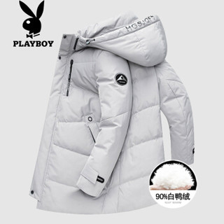 花花公子 PLAYBOY 羽绒服男士2019秋冬商务休闲保暖中长款大衣连帽加厚外套男 米灰 2XL