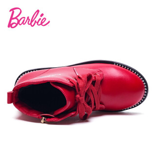 芭比 BARBIE 童鞋 女童靴子2019冬季新款公主时尚小短靴加绒儿童真皮马丁靴 2810 红色 34码