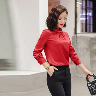 米兰茵（MILANYIN）女装 2019新款秋女工作服正装职业修身荷叶领长袖衬衫 NYml144 红色衬衣 XL