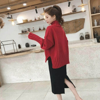 MAX WAY 女装  2019年秋冬新款韩版高领套头红色毛衣孕妇套装QDmw0430 红色套装 XL
