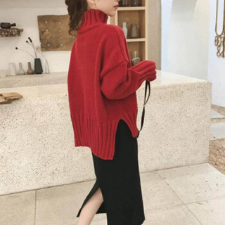 MAX WAY 女装  2019年秋冬新款韩版高领套头红色毛衣孕妇套装QDmw0430 红色套装 XL