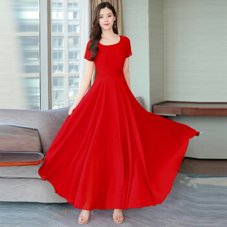 瑜珏（YuJue）雪纺连衣裙女 2019夏季新款韩版超仙流行裙子长款海边度假沙滩裙潮 ALEF961 红色 XL