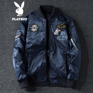 花花公子 PLAYBOY 棉服男士保暖棒球领外套2019秋冬装新款潮流双面穿棉衣 深蓝 4XL