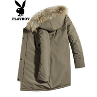 花花公子（PLAYBOY）羽绒服男2019冬季新款连帽保暖中长款外套时尚大毛领男装 卡其 M/170