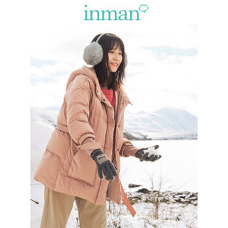 茵曼（INMAN）2019冬装新款时尚连帽中款鸭绒系带收腰立领羽绒服女 18941|21019 灰红色 L