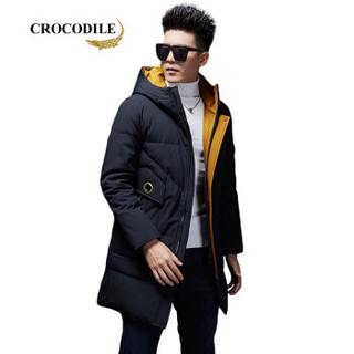 鳄鱼恤（CROCODILE）男士休闲羽绒服 2019冬季新款简约时尚中长款连帽保暖御寒外套 99880089 黑黄 165/M