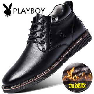 花花公子（PLAYBOY）男士高帮商务休闲皮鞋加绒保暖短筒靴 CX39390M 黑色 44