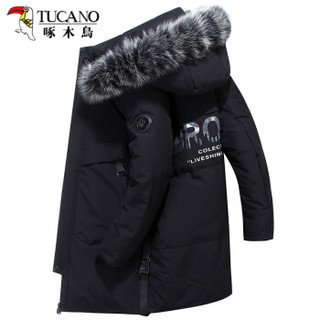 啄木鸟（TUCANO）羽绒服男2019冬季新款时尚韩版中长款大毛领宽松保暖外套男装上衣 黑色 XL