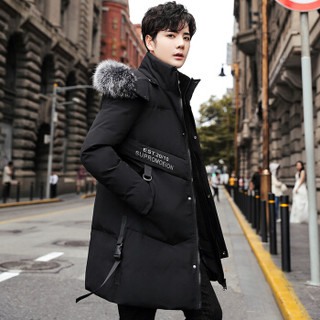啄木鸟（TUCANO）羽绒服男2019冬季新款时尚韩版中长款大毛领宽松保暖外套男装上衣 黑色 XL