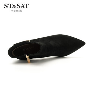 星期六（ST&SAT）牛皮革金属扣侧拉链细跟短靴SS74116401 黑色 39