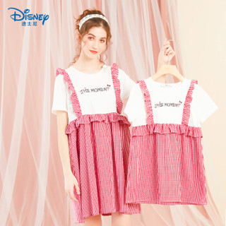 迪士尼（DISNEY）睡裙女夏格子套装吊带家居服萝莉风睡衣 拼接款（白色+红色）XL