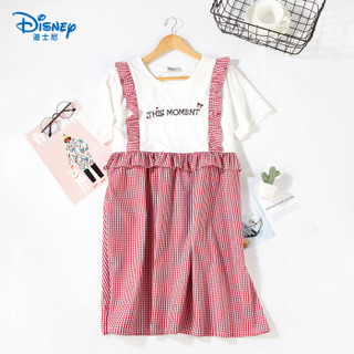 迪士尼（DISNEY）睡裙女夏格子套装吊带家居服萝莉风睡衣 拼接款（白色+红色）XL