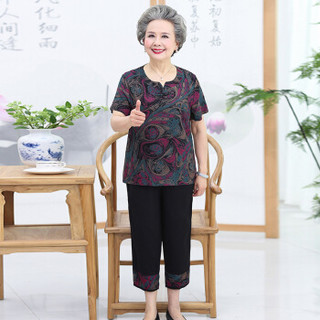 凡淑 2019夏季新品女装新款奶奶装套装老年人短袖t恤60-70岁妈妈装老太太两件套 JXALWNL035 2号色 5XL