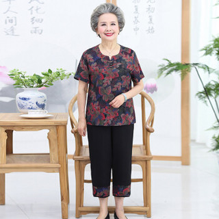 凡淑 2019夏季新品女装新款奶奶装套装老年人短袖t恤60-70岁妈妈装老太太两件套 JXALWNL035 2号色 5XL