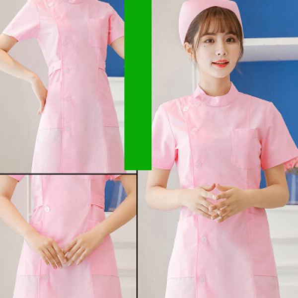 麦肯麒 2019秋季新品女装护士服长袖粉色白大褂短袖娃娃领修身圆领
