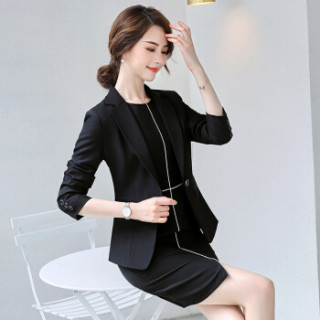 特洛曼女装新款职业装连衣裙套装正式场合气质时尚ol女工装黑色小西装