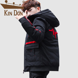 金盾（KIN DON）棉服 男2019冬季新款休闲百搭韩版潮流时尚连帽拼色后背印花棉衣 XZ 607-MY38 黑色 M