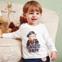 精典泰迪 Classic Teddy 童装儿童长袖T恤男女童打底衫宝宝衣服婴儿上衣T恤N 棒球帽子熊-白色 100