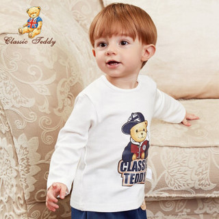精典泰迪 Classic Teddy 童装儿童长袖T恤男女童打底衫宝宝衣服婴儿上衣T恤N 棒球帽子熊-白色 100