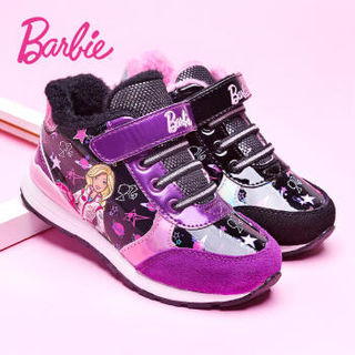 芭比 BARBIE 童鞋 女童运动鞋2019秋冬新款儿童加绒棉鞋高帮二棉鞋子 2802 黑色/紫色 32码