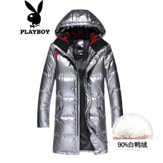 花花公子（PLAYBOY）羽绒服男2019冬装新品时尚连帽中长款男装韩版潮流保暖外套男 灰色 2XL/185