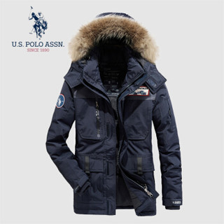 U.S. POLO ASSN. 羽绒服男 2019冬季新品男士可卸连帽中长款加厚衣服白鸭绒保暖外套 6194117032 黑蓝色 XL