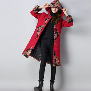 MAX WAY 女装 2019年秋冬新款长袖民族风盘扣贴布连帽加长加厚棉服 GHZC057 红色 2XL